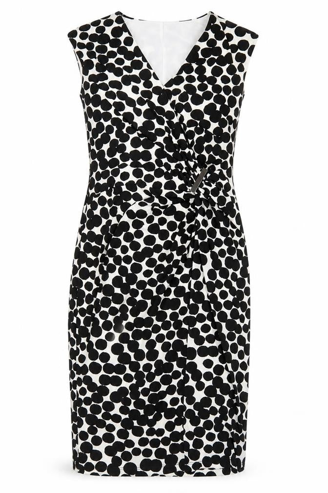 Front view of Debenhams women’s black geometric polyester shift, size UK 8, v-neck