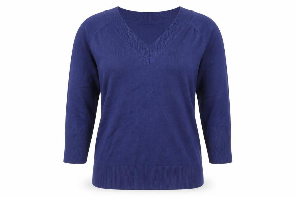 Front view of Atmosphere women’s blue v-neck acrylic jumper, size UK 12, - 12-14