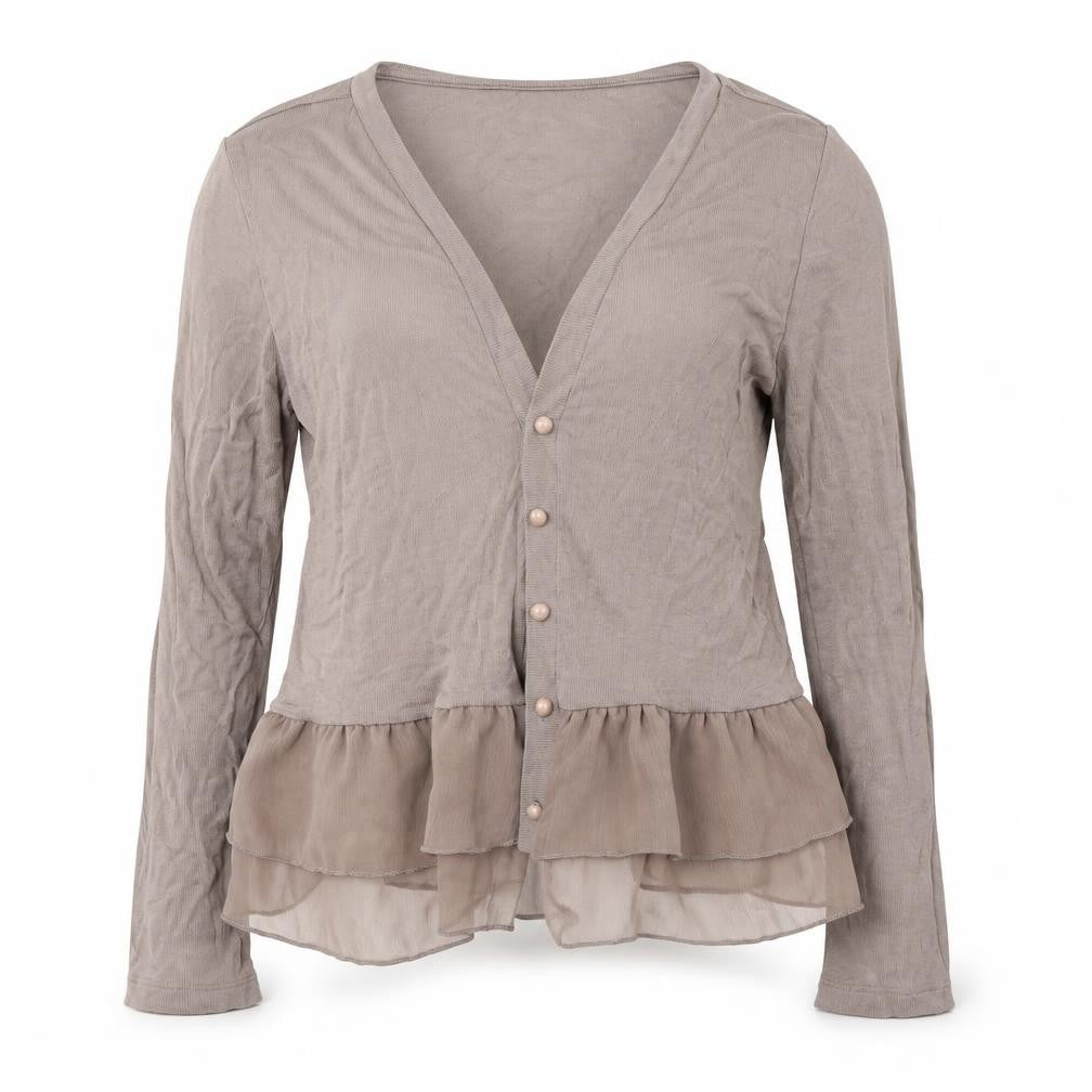 Front view of Storm women’s brown v-neck polyester cardigan jumper, size UK 14
