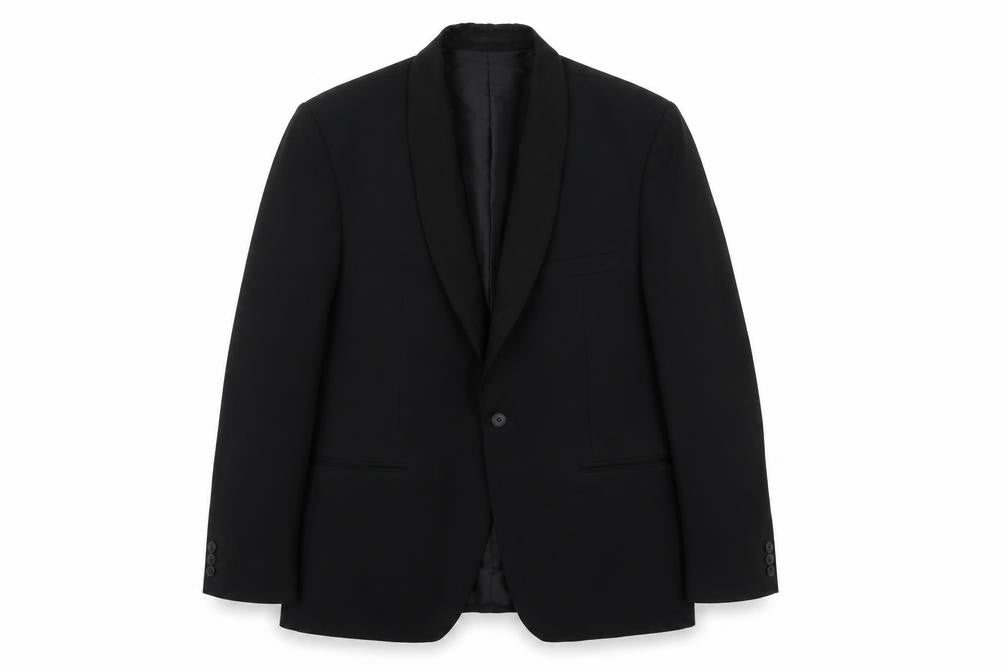 Front view of C&A men’s black polyester jacket suit jacket, size 42