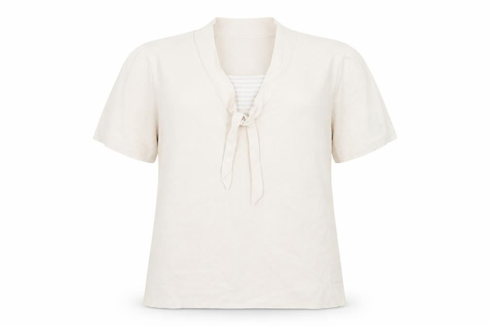 Front view of Berkertex women’s beige viscose basic blouse, size UK 14, round neck