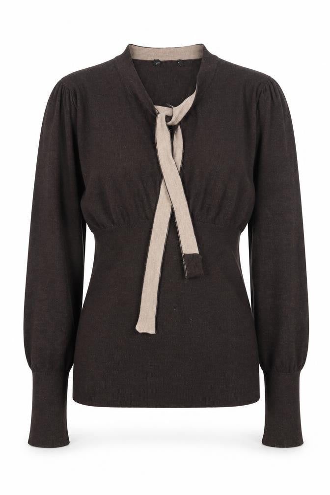 Front view of Preworn women’s beige round neck acrylic jumper, size S