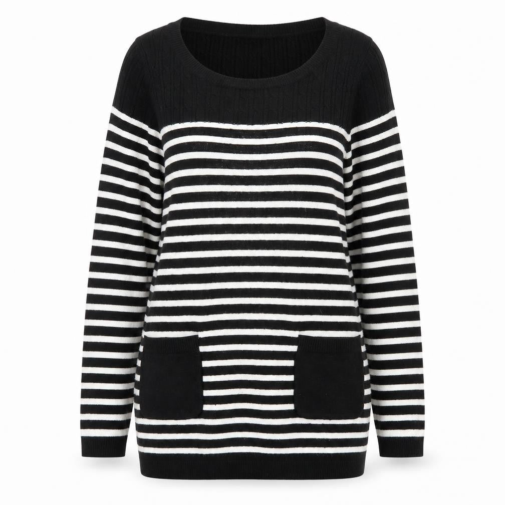 Front view of M&Co women’s beige round neck striped acrylic jumper, size UK 14