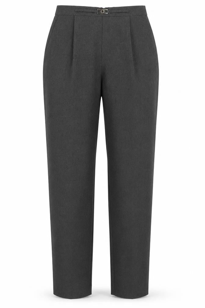 Front view of Mia Moda women’s grey polyester trousers, size UK 12, 29-inch leg regular