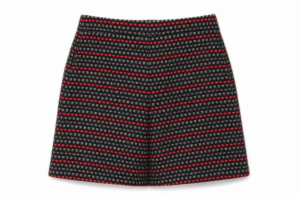 Front view of Monsoon women’s black geometric polyester a-line skirt, size UK 8, zip