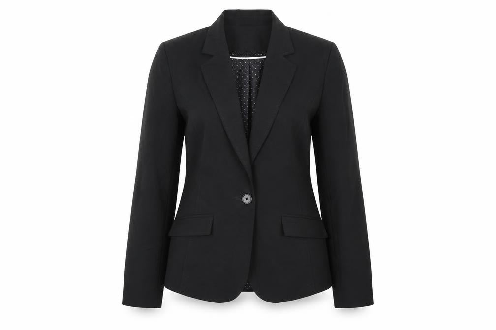 Front view of Primark women’s black polka dot polyester jacket suit jacket, size UK 12