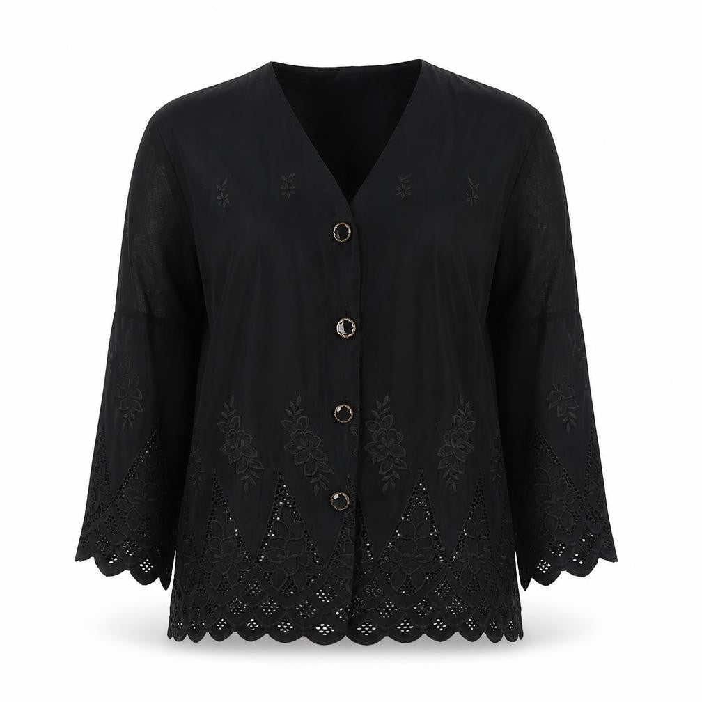 Front view of Preworn women’s black floral polyester basic button-up one size collared