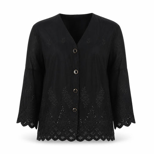 Front view of Preworn women’s black floral polyester basic button-up one size collared