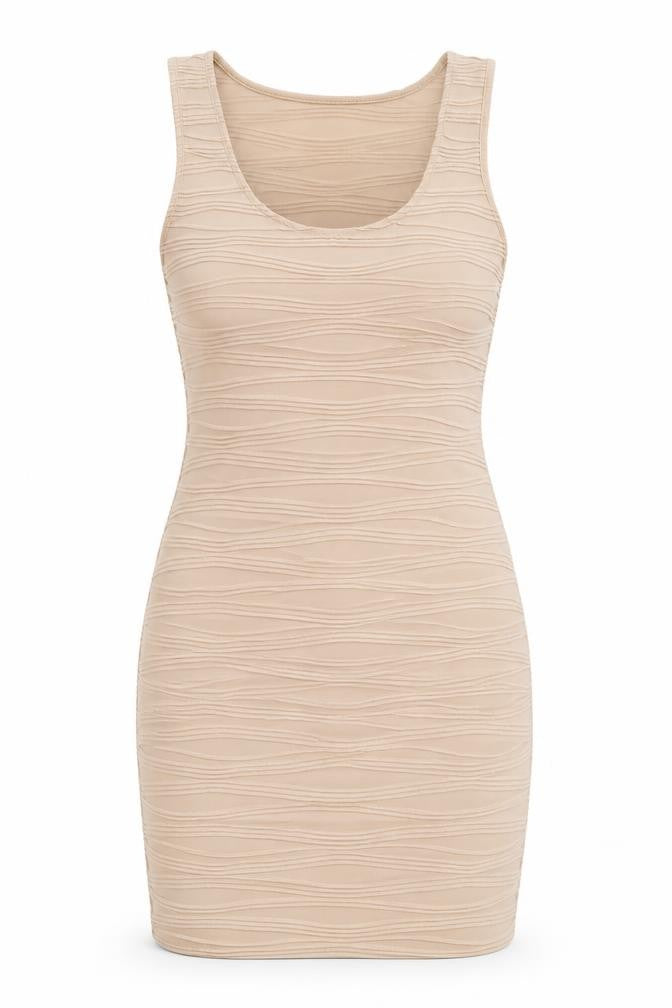 Front view of Evita women’s beige polyester bodycon, size UK 12, scoop neck pullover