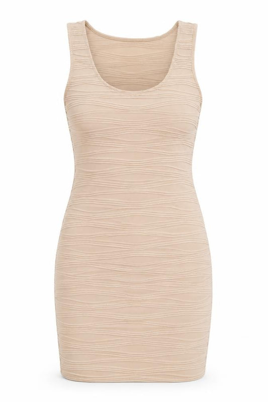 Front view of Evita women’s beige polyester bodycon, size UK 12, scoop neck pullover