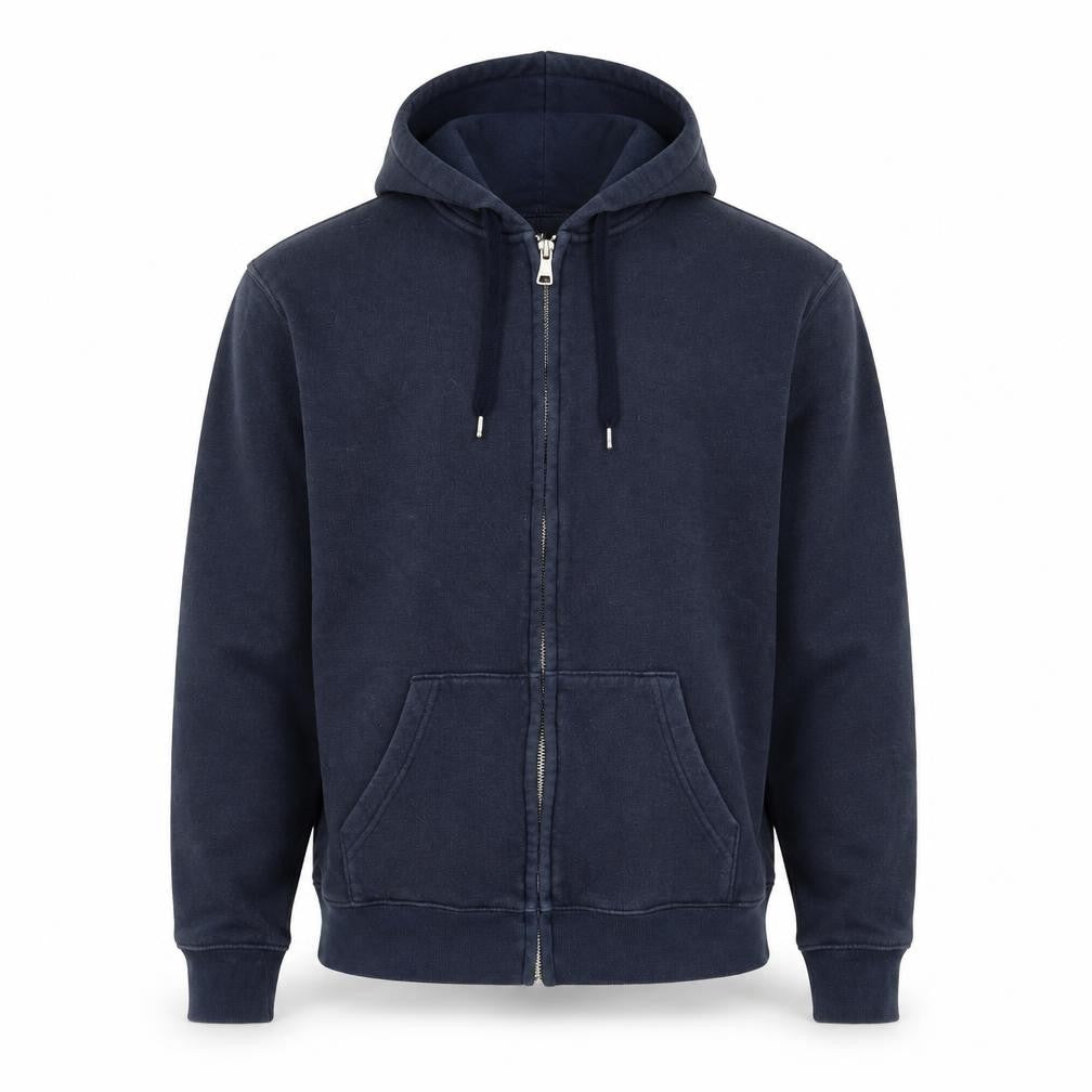 Front view of H&M men’s blue cotton full zip hoodie, size S