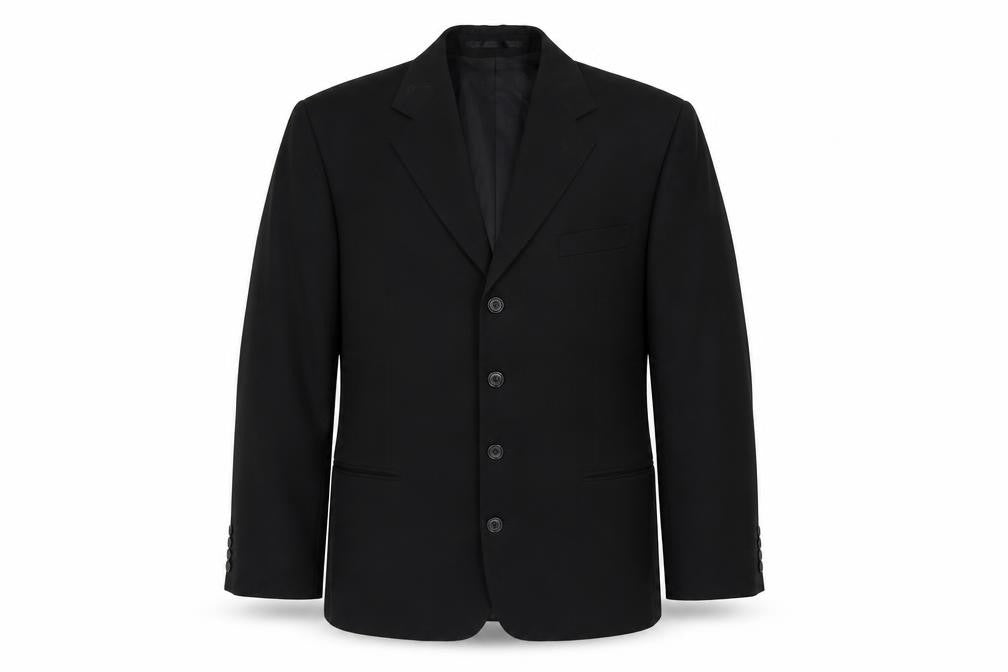 Front view of Blakes men’s black polyester jacket suit jacket, size 40