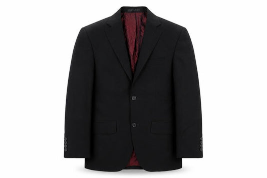Front view of Tom English men’s black polyester jacket suit jacket, size 36