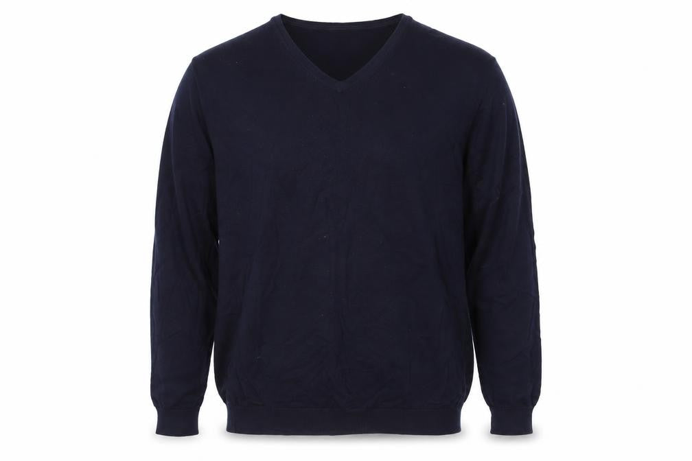 Front view of Next men’s blue v-neck cotton jumper, size L