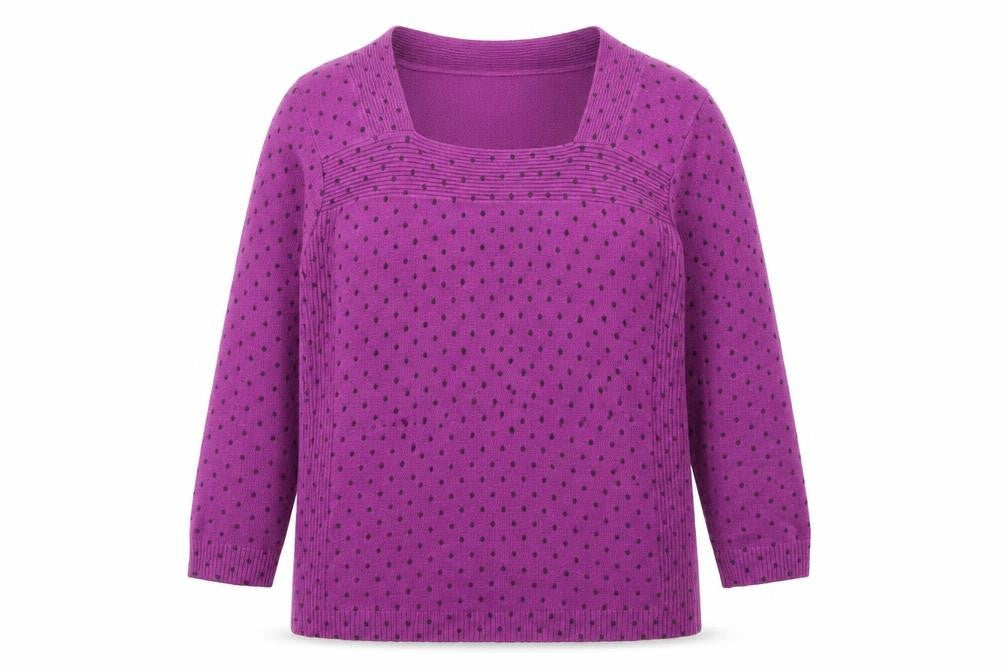 Front view of Touch women’s purple square neck polka dot acrylic jumper, size M