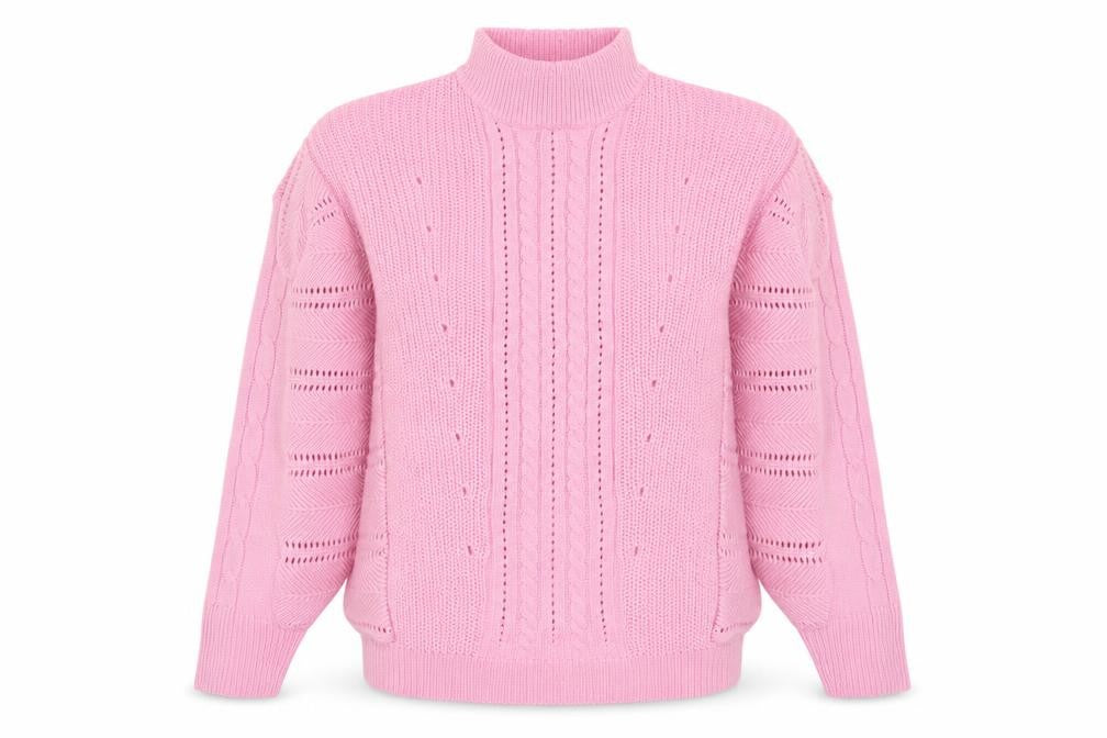 Front view of Boohoo women’s pink high neck acrylic jumper, size UK 14
