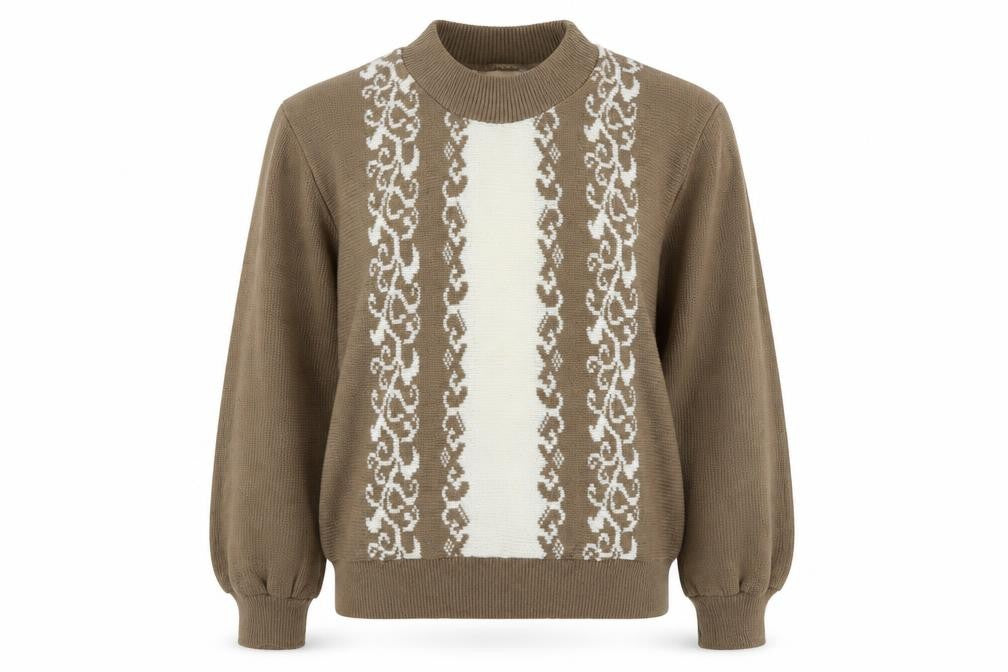 Front view of Compliments women’s brown round neck fair isle acrylic jumper, size UK 12