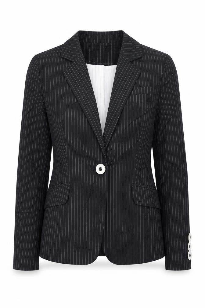 Front view of Marks & Spencer women’s black striped jacket blazer, size UK 10