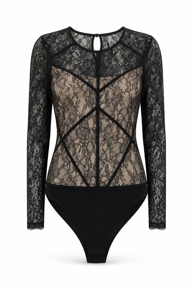 Front view of H&M women’s black viscose bodysuit one-piece, size UK 6