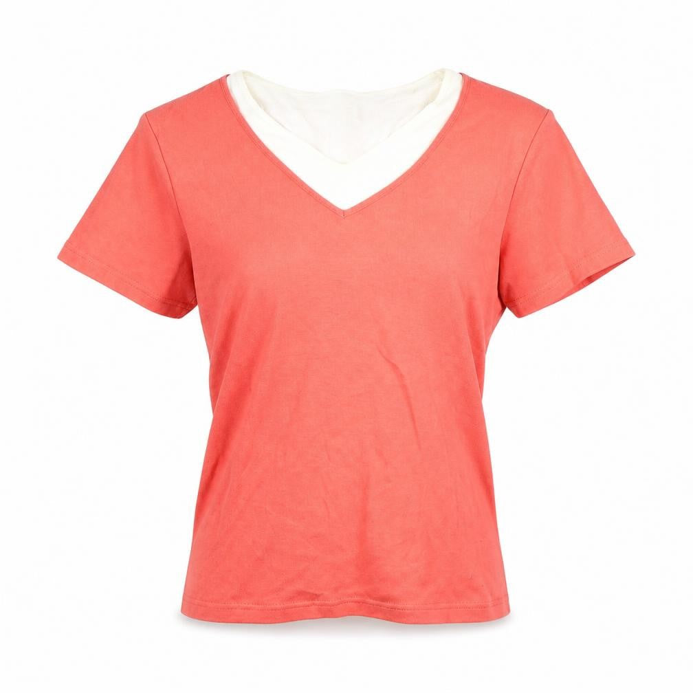 Carolyn Taylor Womens Orange Striped 100% Cotton Basic T-Shirt Size S V-Neck - Two Layers