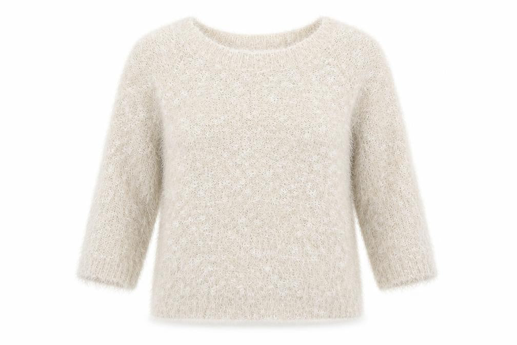 Front view of Debenhams women’s beige round neck polyester jumper, size UK 12