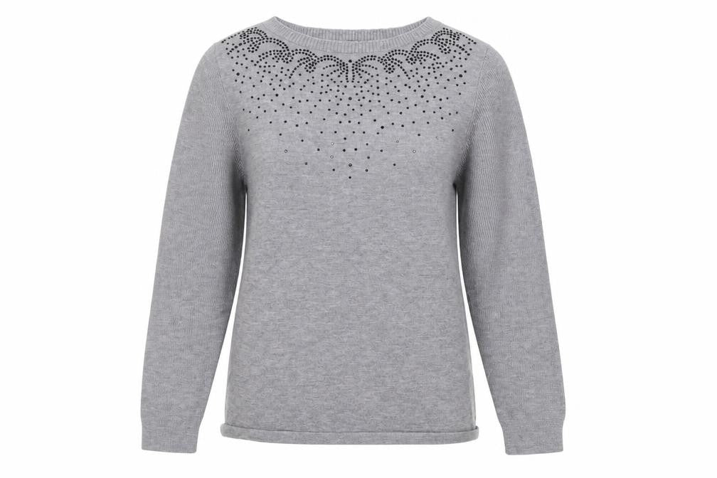 Front view of Klass women’s grey round neck viscose jumper, size S