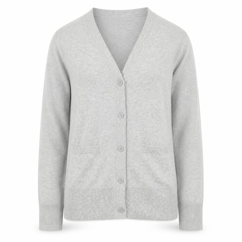 Front view of Gap girls’ grey v-neck polyester cardigan jumper, size L, button