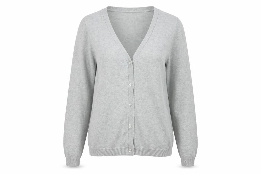 Front view of Atmosphere women’s grey v-neck cotton jumper, size UK 6