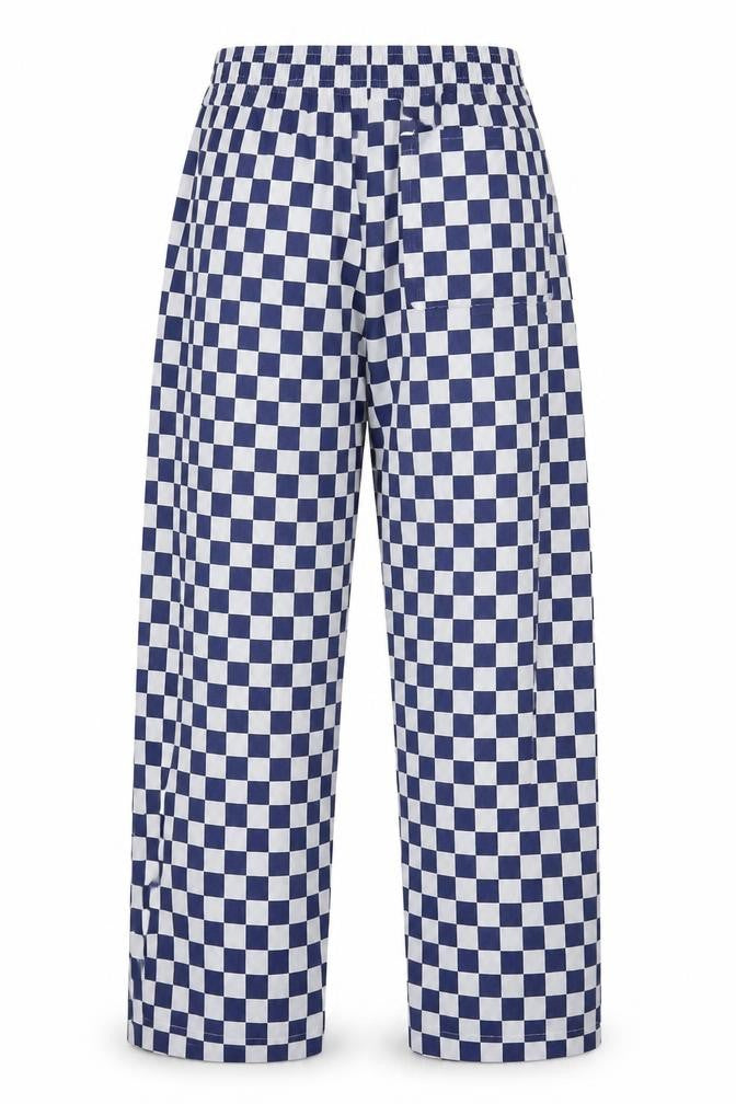 Front view of whites women’s blue check polyester trousers, size UK 30, in, 32-inch leg regular