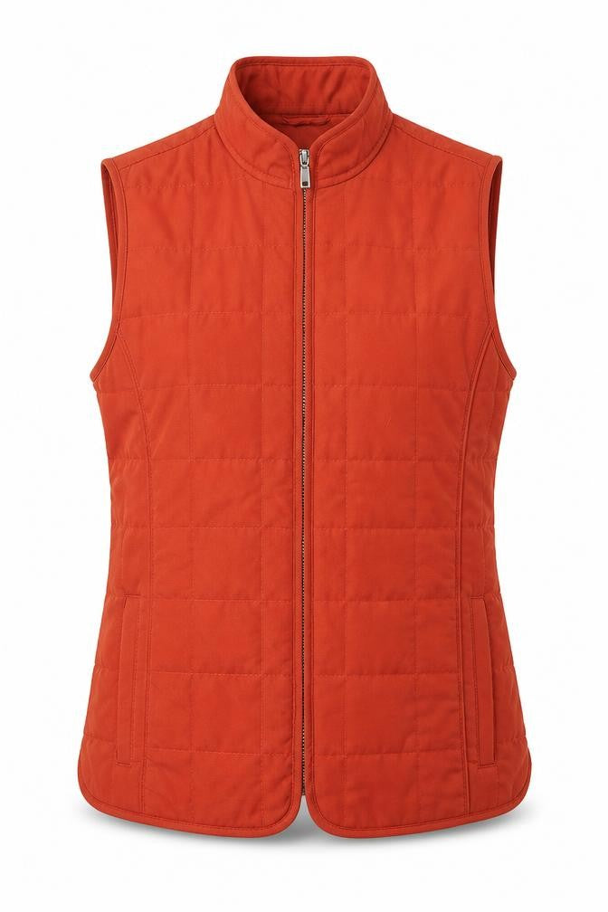 Front view of Marco Pecci women’s orange gilet jacket, size UK 6, zip