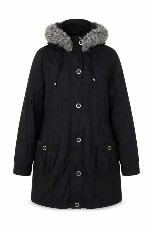 Front view of Vintage Boutique women’s black jacket, size UK 14, zip