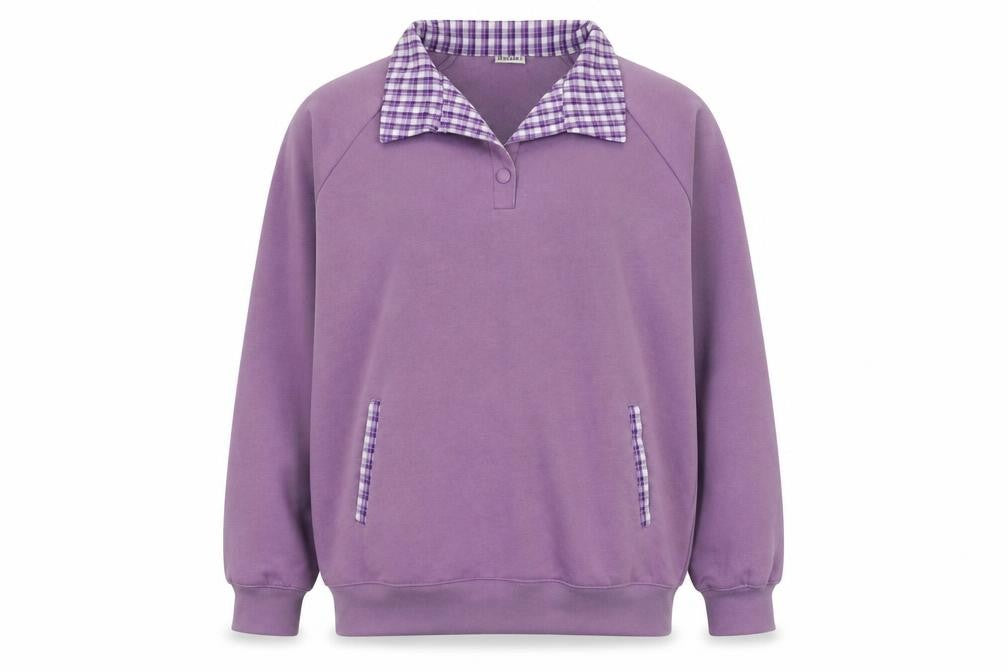 Front view of Damrat women’s purple polyester pullover hoodie, size UK 14