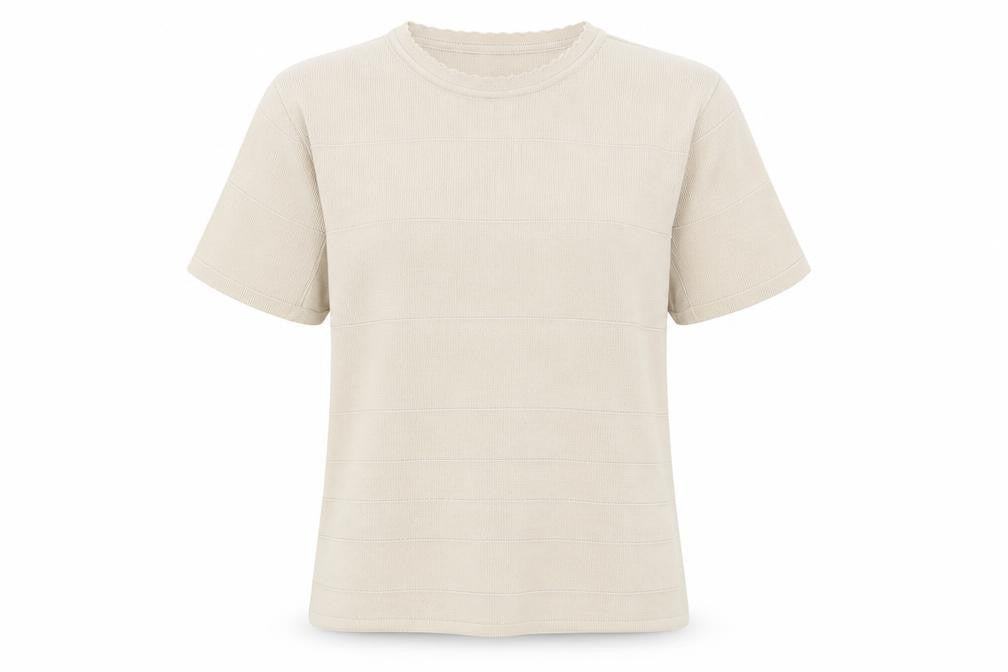 Front view of Berkertex women’s beige crew neck acrylic jumper, size UK 10