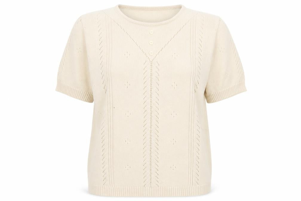 Front view of Berkertex women’s beige crew neck cotton jumper, size UK 10