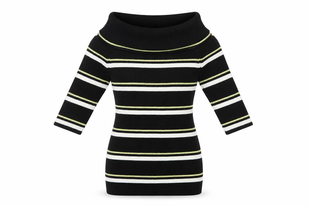 Front view of Next women’s black roll neck striped viscose jumper, size UK 6