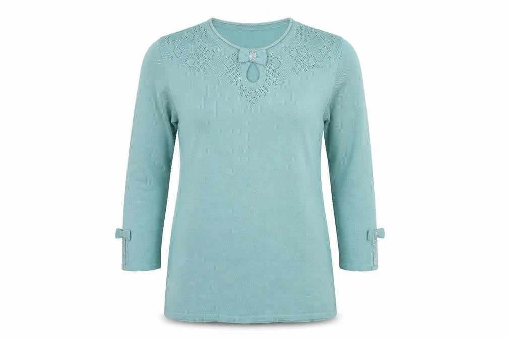 Front view of Afibel women’s green crew neck acrylic jumper, size UK 10