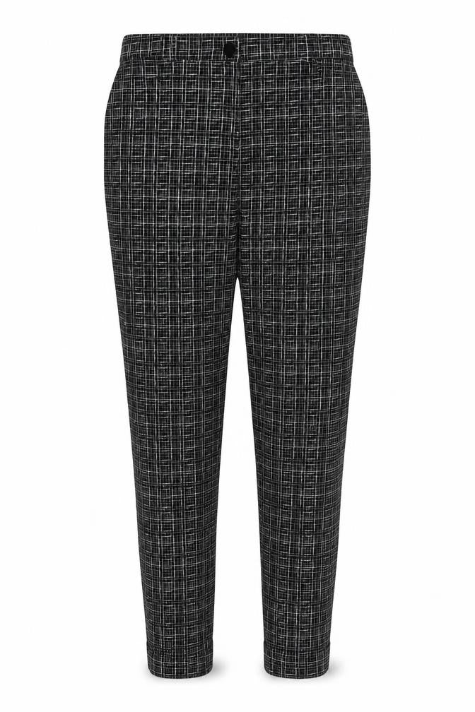 Front view of Atmosphere women’s black plaid viscose trousers, size UK 12, 27-inch leg regular zip