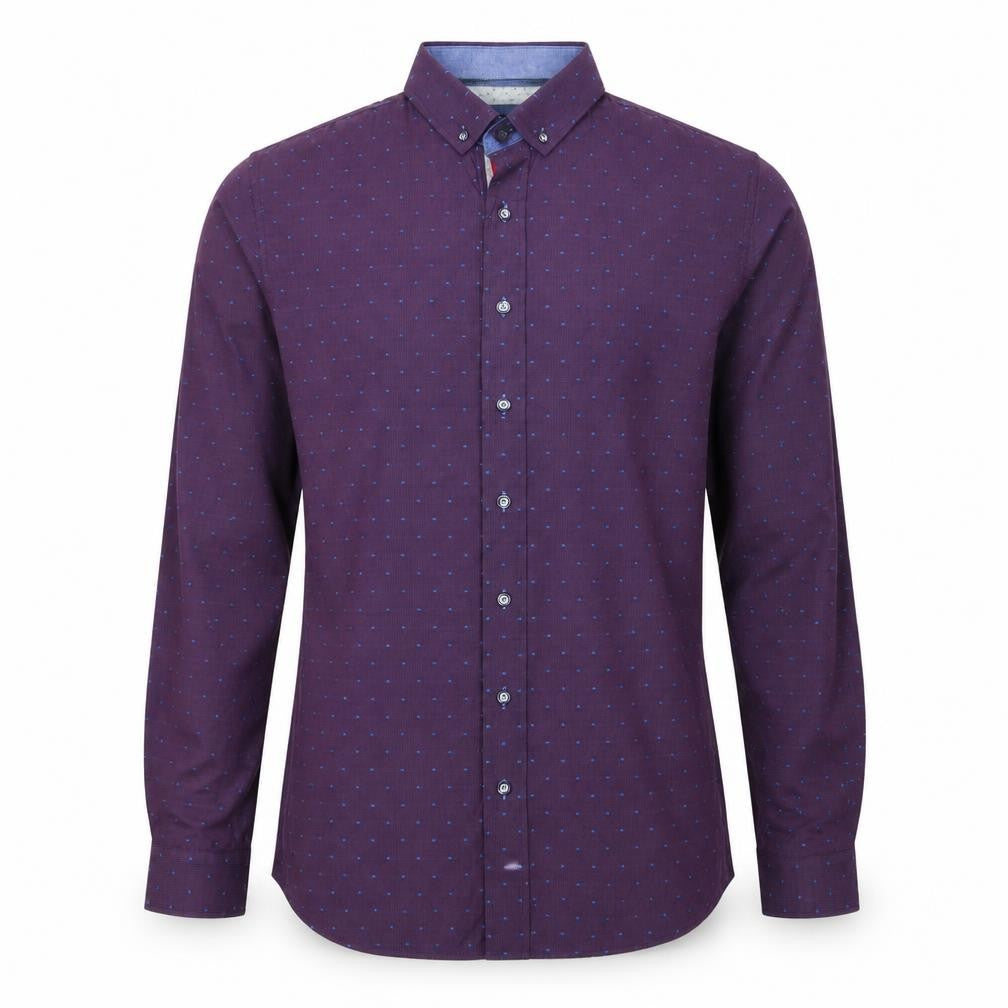 Front view of Bewley&Ritch men’s purple polka dot cotton button-up, size S, collared button
