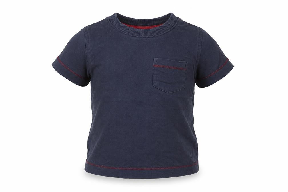 Front view of Next boys’ blue cotton basic t-shirt, size 3-6, months crew neck