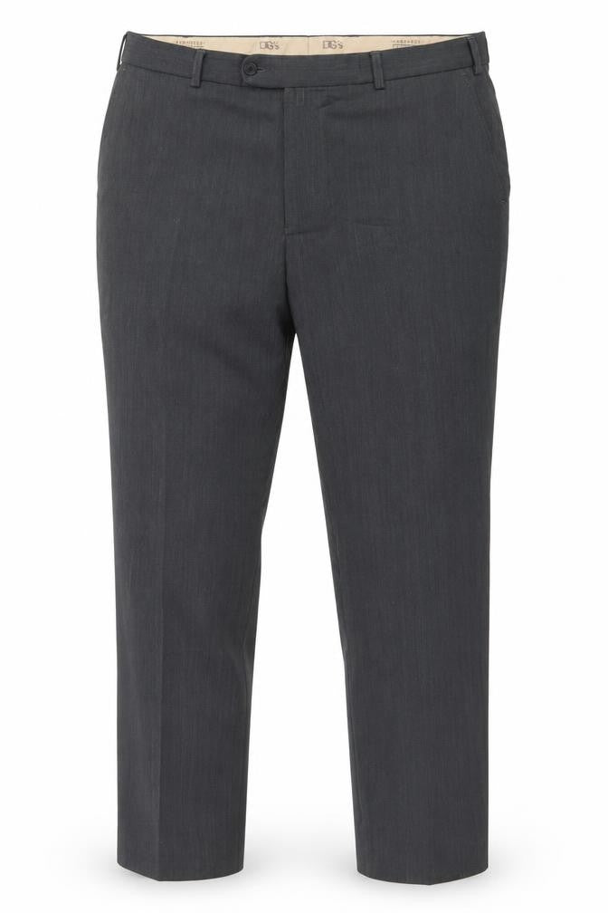 Front view of DGs men’s grey polyester trousers, size 40, in, 29-inch leg regular button