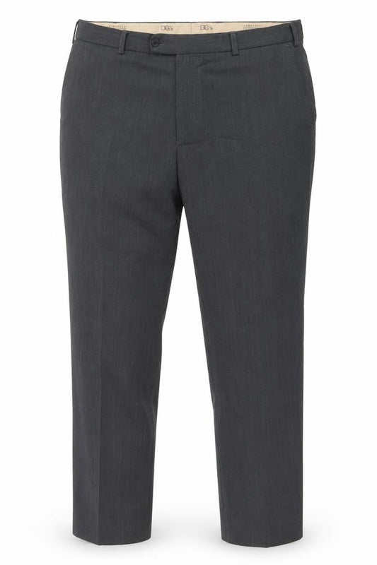 Front view of DGs men’s grey polyester trousers, size 40, in, 29-inch leg regular button