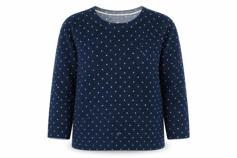 Front view of Matalan women’s blue crew neck polka dot acrylic jumper, size UK 14