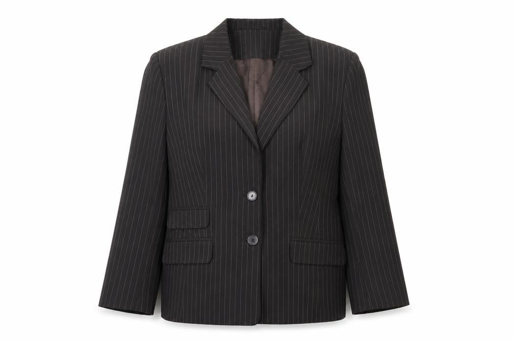 Front view of BHS women’s brown pinstripe polyester jacket suit jacket, size UK 16