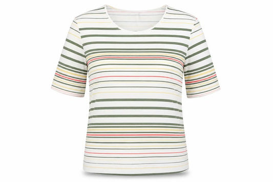 Front view of Gray & Osbourn women’s multicoloured striped viscose basic t-shirt, size UK 12, scoop neck