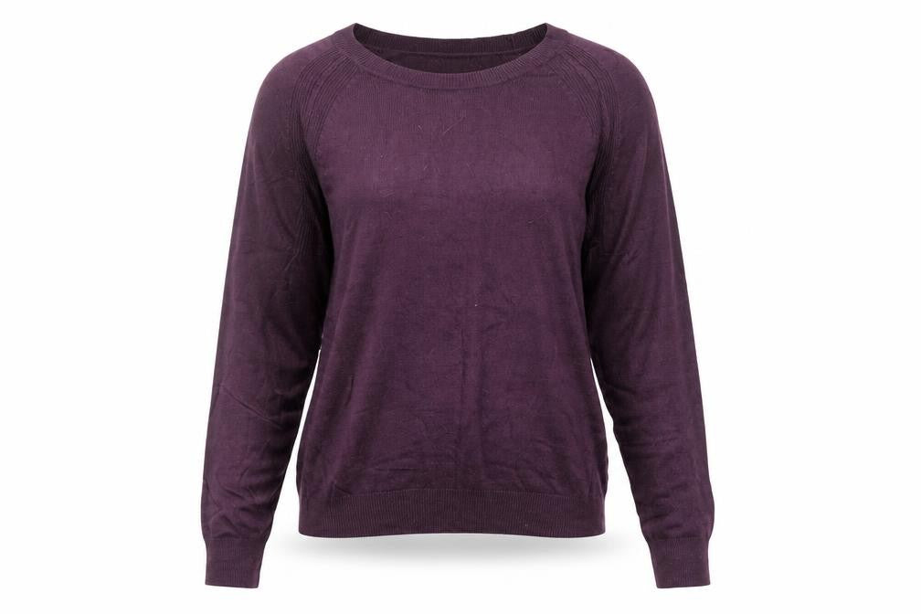 Front view of Marks & Spencer women’s purple acrylic pullover sweatshirt, size UK 12