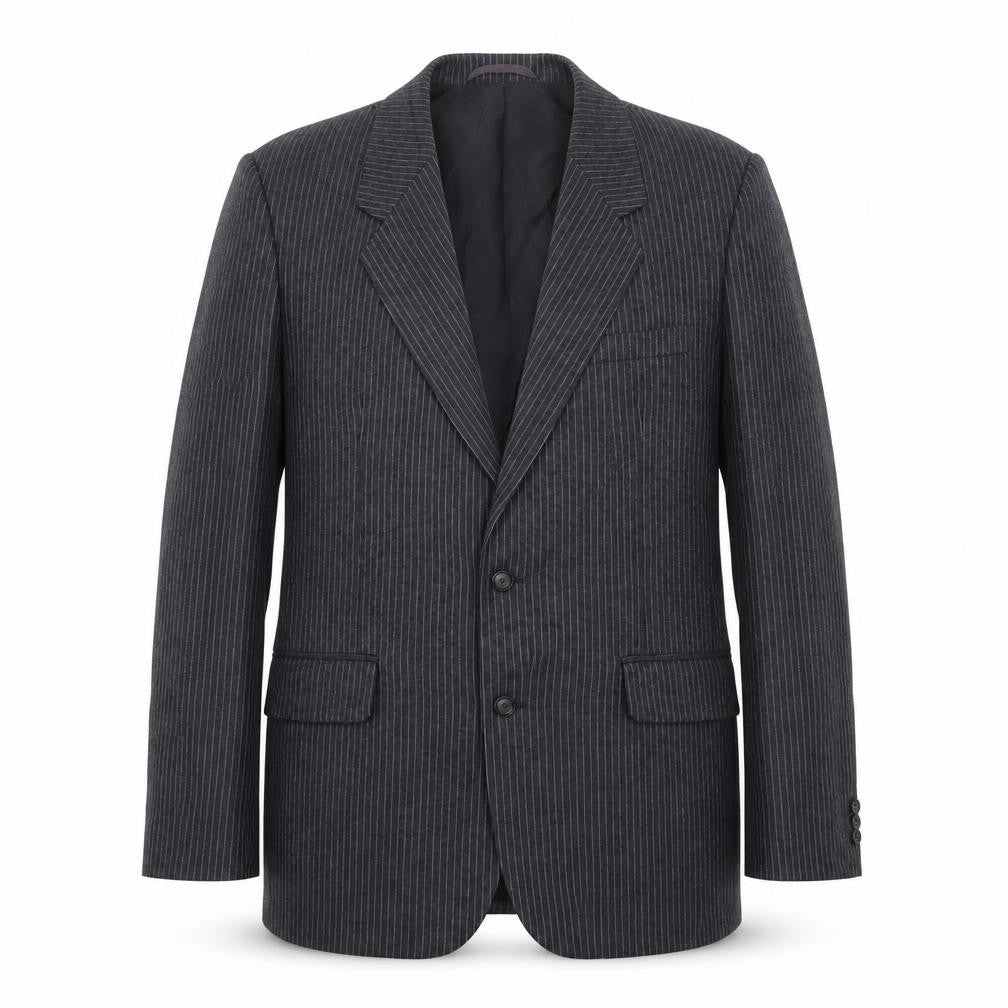 Front view of Burton men’s grey striped wool jacket suit jacket, size 38