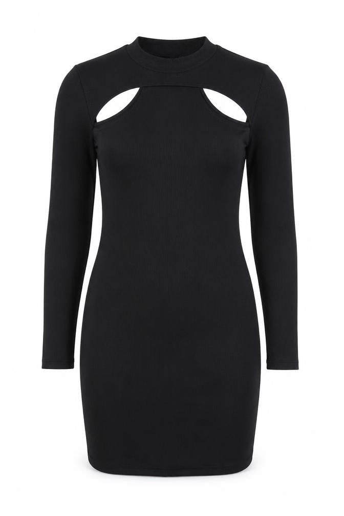 Front view of H&M women’s black polyester bodycon, size M, round neck pullover