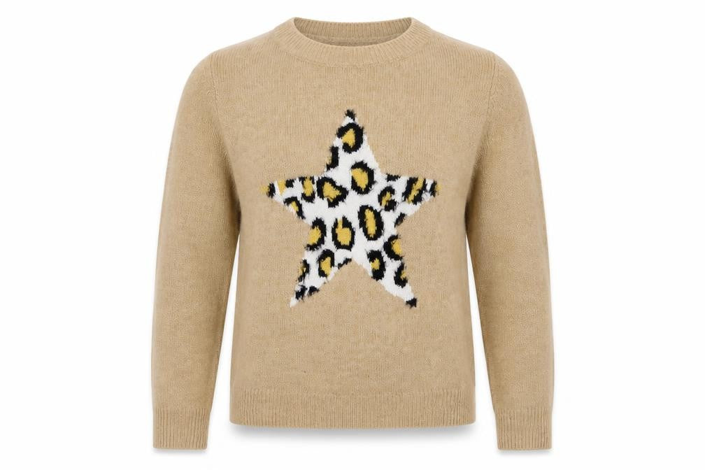 Front view of F&F women’s brown crew neck acrylic jumper, size UK 8, - star