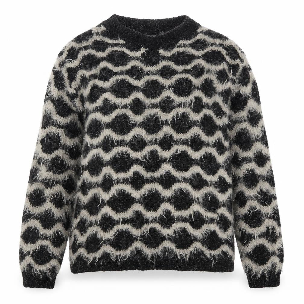 Front view of Marks & Spencer women’s black crew neck geometric nylon jumper, size UK 12