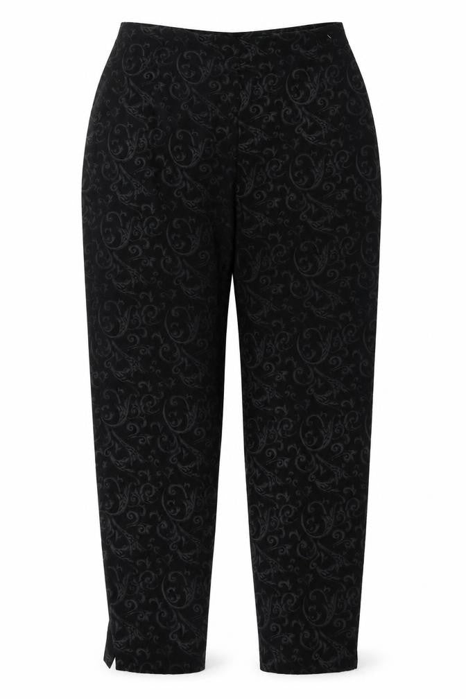 Front view of Next women’s black geometric polyester trousers, size UK 14, 28-inch leg regular